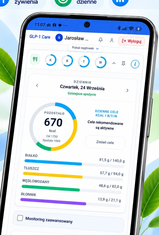 Widok monitorowania odżywiania w aplikacji Diet Care